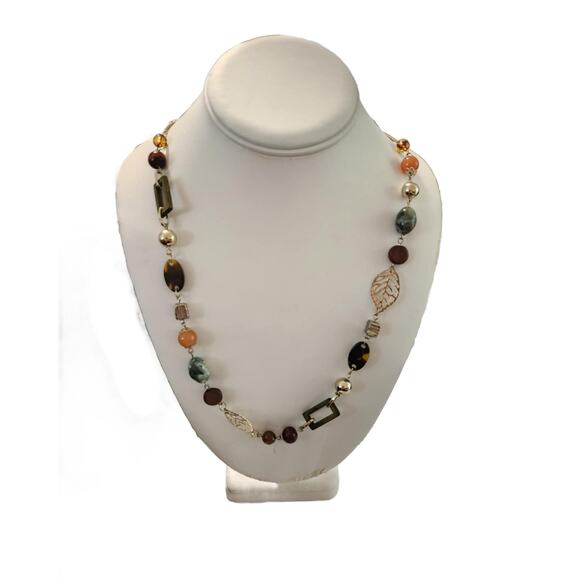 Vintage Polished Stone Necklace with Gold Leaves and Faux Tortoise Shell, Jade - Picture 1 of 10
